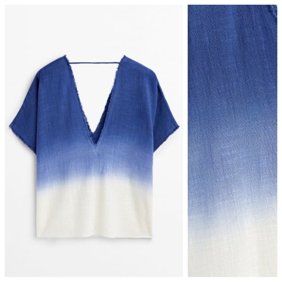 NWT. Massimo Dutti Sky Blue Ombre 100% Cotton V-neck Rustic Shirt. Size M. - Picture 4 of 11
